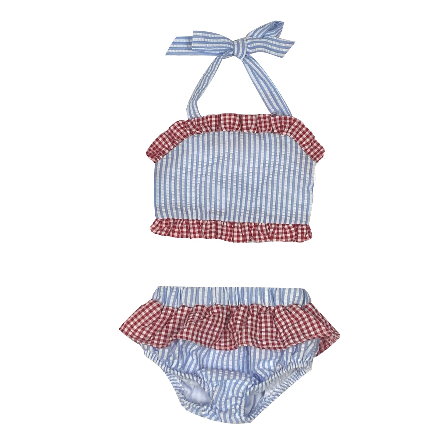 Girls Two Piece Seersucker Swim: Red and Blue