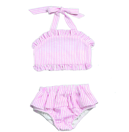 Girls Two Piece Seersucker Swim: Pink